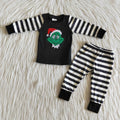 (Promotion)6 B7-17 Green Frog Embroidery Black Top Stripes Pants Boys Christmas Pajamas Clothes Set