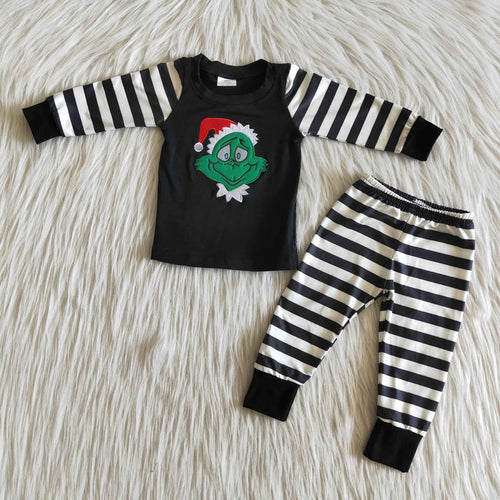 (Promotion)6 B7-17 Green Frog Embroidery Black Top Stripes Pants Boys Christmas Pajamas Clothes Set