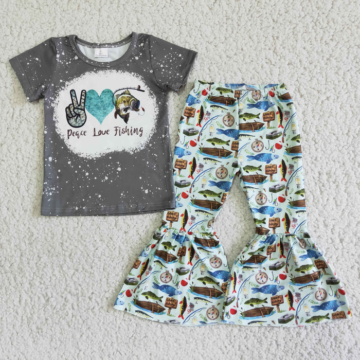 (Promotion)Aa-3 Peace Love Fishing Top Bell Pants Girls Outfits