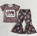(Promotion)B5-16 Peace Love Football Brown Top Bell Pants Girls Outfits
