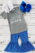 (Promotion)B8-3 just a girl Grey Top Blue Stripes Bell Pants Girls Clothes Set