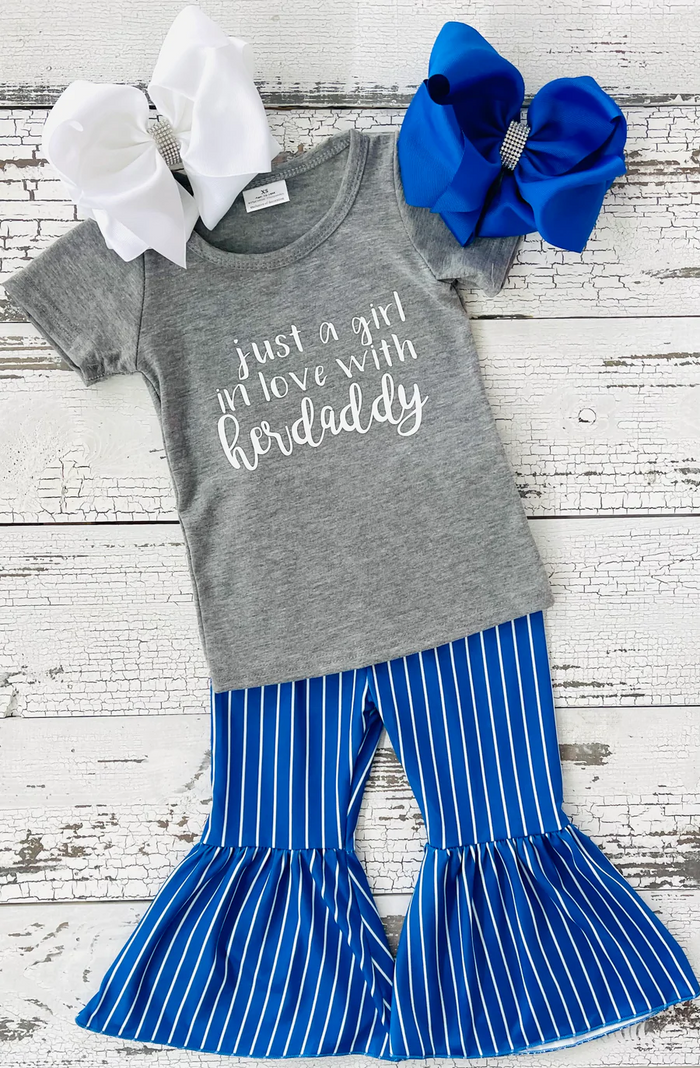 (Promotion)B8-3 just a girl Grey Top Blue Stripes Bell Pants Girls Clothes Set