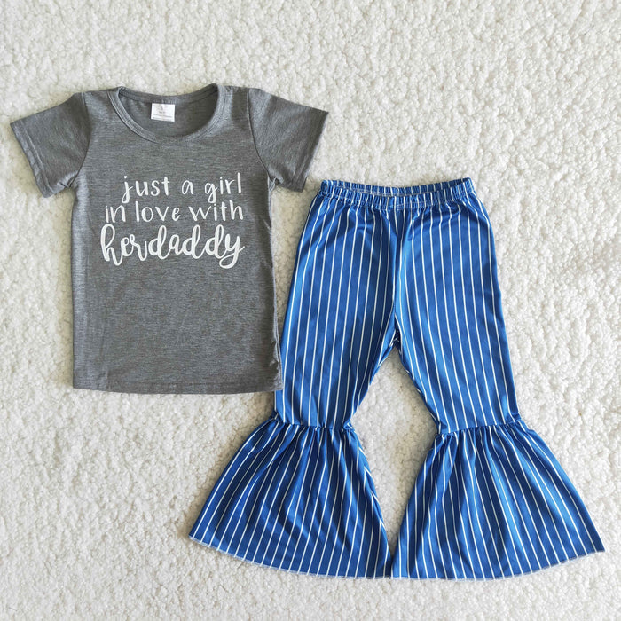 (Promotion)B8-3 just a girl Grey Top Blue Stripes Bell Pants Girls Clothes Set