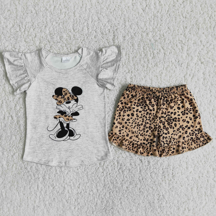 (Promotion)Cartoon Mouse Top Leopard Shorts Girls summer outfits   C0-14