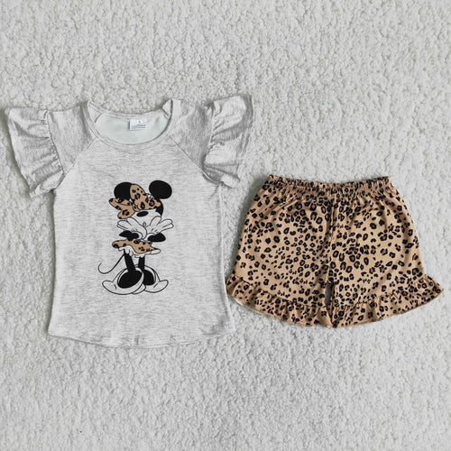 (Promotion)Cartoon Mouse Top Leopard Shorts Girls summer outfits   C0-14