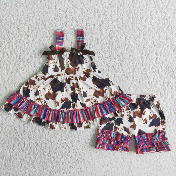 (Promotion)Cowhide Strap Tunic Top Ruffle Shorts Girls Summer Outfits A14-13