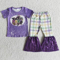 (Promotion)E5-17 Mask Purple Top Checkered Sequins Bell Pants Girls Mardi Gras Clothes Set