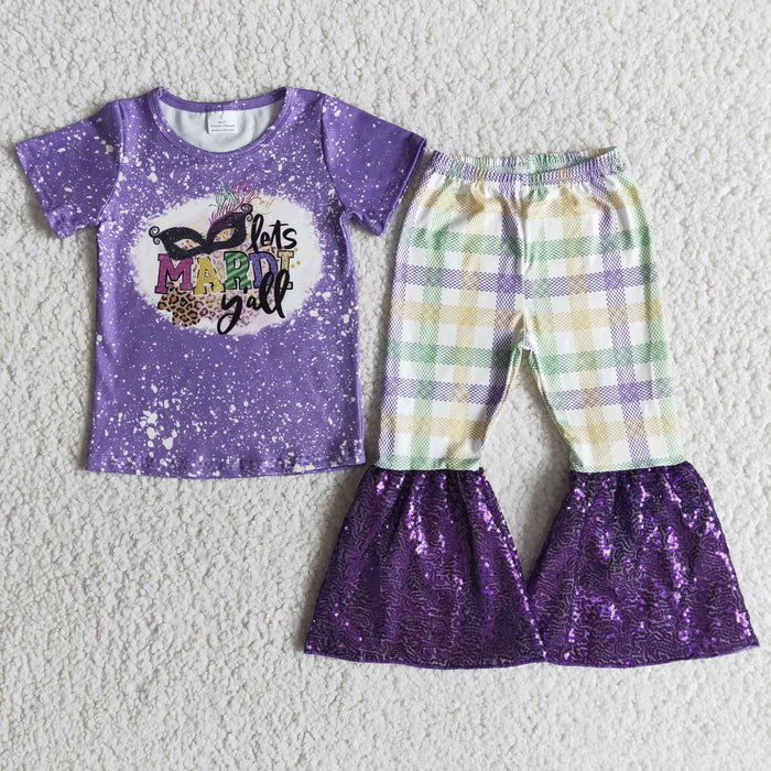 (Promotion)E5-17 Mask Purple Top Checkered Sequins Bell Pants Girls Mardi Gras Clothes Set