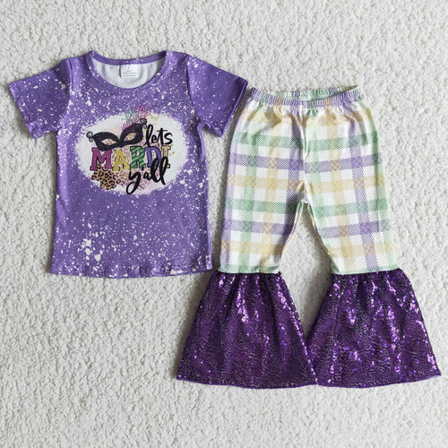 (Promotion)E5-17 Mask Purple Top Checkered Sequins Bell Pants Girls Mardi Gras Clothes Set