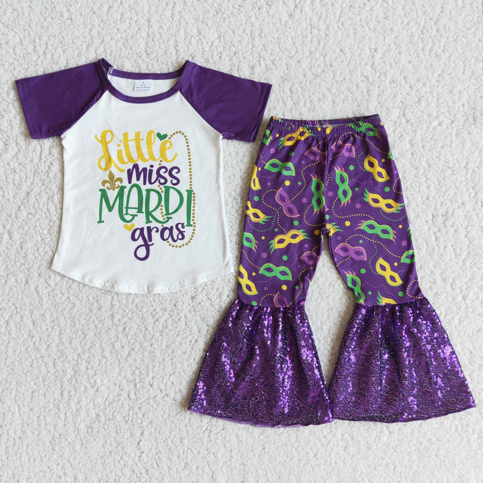 (Promotion)E7-27 Little Miss Mardi Gras Top Mask Sequins Bell Pants Girls Clothes Set