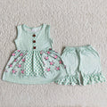 (Promotion)Flowers Green Patchwork Tunic Top Dots Shorts Girls Summer Outfits  A8-16