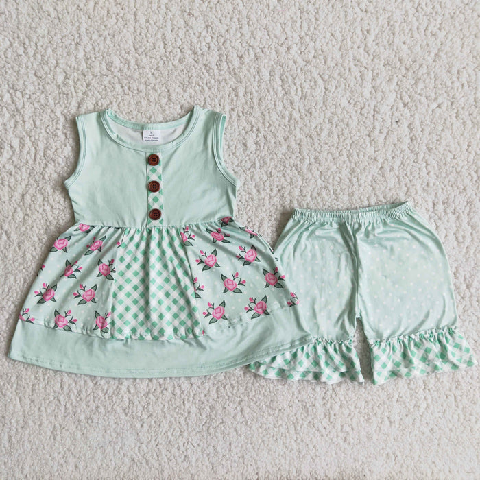 (Promotion)Flowers Green Patchwork Tunic Top Dots Shorts Girls Summer Outfits  A8-16