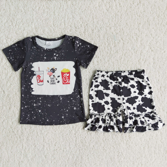 (Promotion)fried Short sleeve black top ruffles cow shorts girls summer outfits C16-7