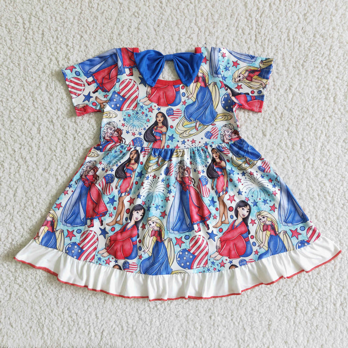 (Promotion)GSD0028 Cartoon Princess Stars Print Ruffle Girls 4th of July Knee Length Dress