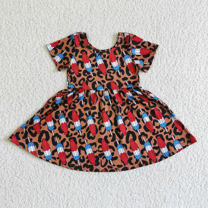 (Promotion)GSD0063 Popsicle Leopard Print Girls 4th of July Short Sleeve Knee Length Dress