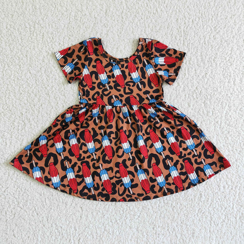 (Promotion)GSD0063 Popsicle Leopard Print Girls 4th of July Short Sleeve Knee Length Dress