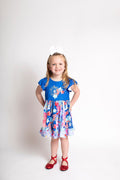 (Promotion)GSD0070 Stars Heart Tie-dye Print Girls 4th of July Flutter Sleeve Knee Length Dress