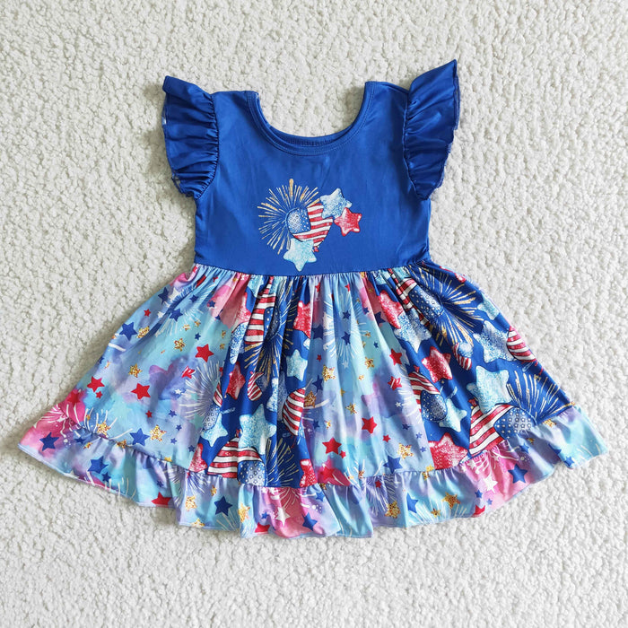 (Promotion)GSD0070 Stars Heart Tie-dye Print Girls 4th of July Flutter Sleeve Knee Length Dress
