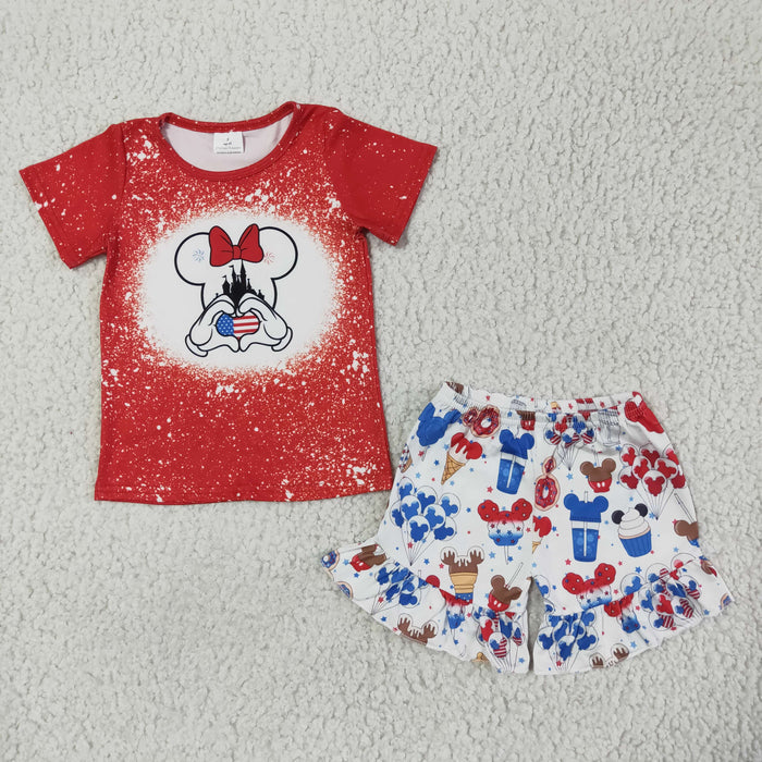 (Promotion)GSSO0110 Cartoon Mouse Red Top Cake White Shorts Girls 4th of July outfits