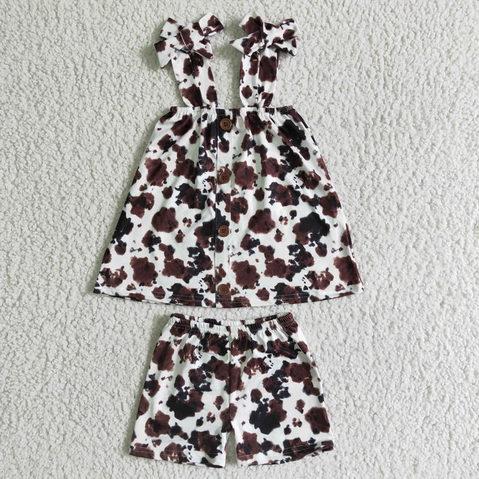 (Promotion)Halter top and shorts brown cow print girls summer outfits   GSSO0037