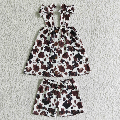 (Promotion)Halter top and shorts brown cow print girls summer outfits   GSSO0037