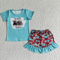 (Promotion)Heifers blue top aztec print ruffles shorts girls summer outfits  GSD0046