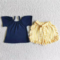 (Promotion)Navy Top Yellow Stripes ruffles shorts summer outfits   D4-28