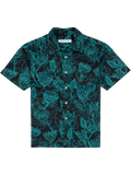 Black and teal protea-print short-sleeve button-down shirt, front view.