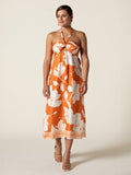 Orange floral-print sleeveless midi dress, full front view with sandals.