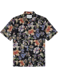 Black Hawaiian shirt with colorful floral print/pattern, short sleeves, front view.