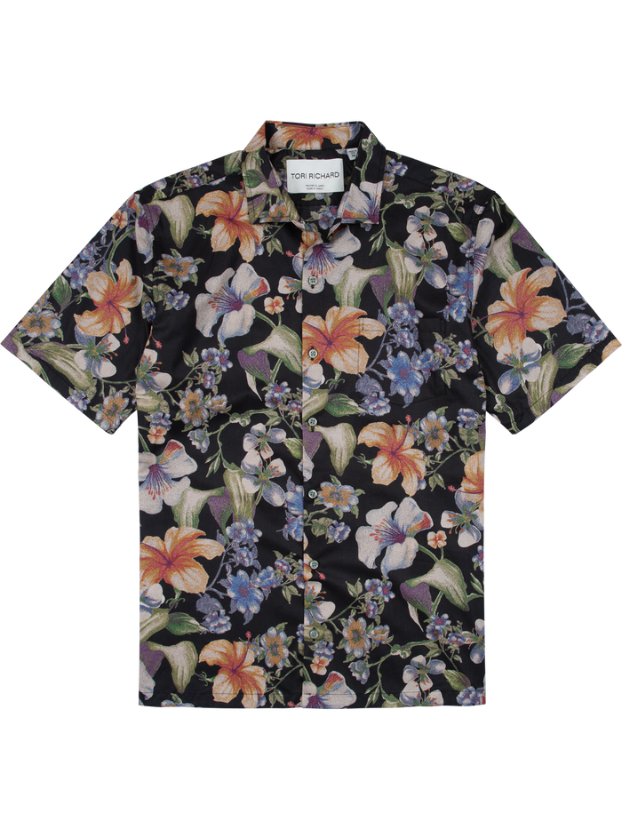 Black Hawaiian shirt with colorful floral print/pattern, short sleeves, front view.