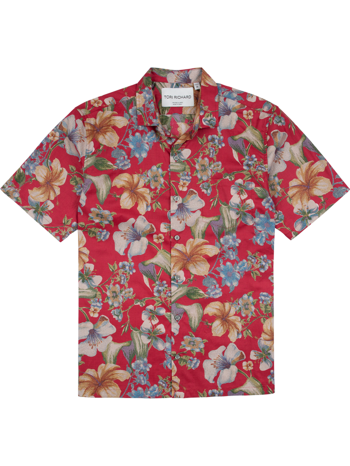 Red floral-print short-sleeve Hawaiian shirt, 100% cotton lawn, front view.