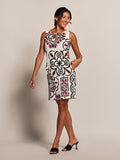 Multicolor quilt-inspired print sleeveless dress, front view, plain background (Images 1 & 2).