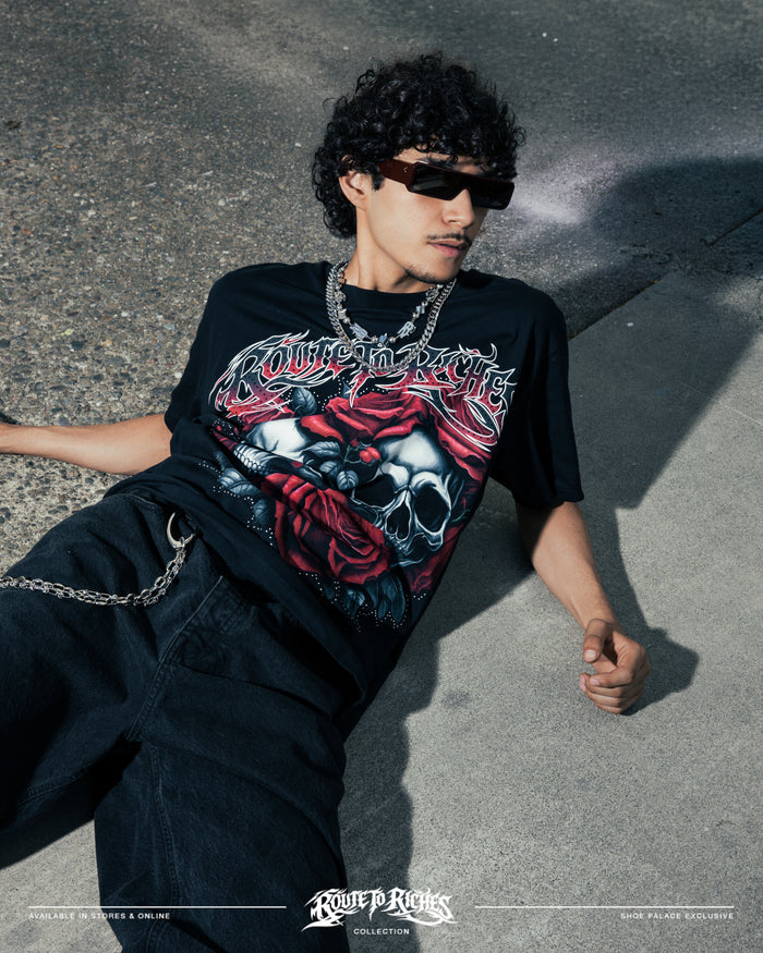 Rose Skull Mens Short Sleeve Shirt (Black/Red)