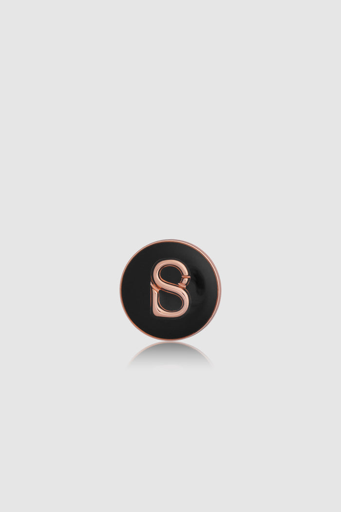 round pin brooch package 06 in black by buttonscarves with rose gold b monogram front view
