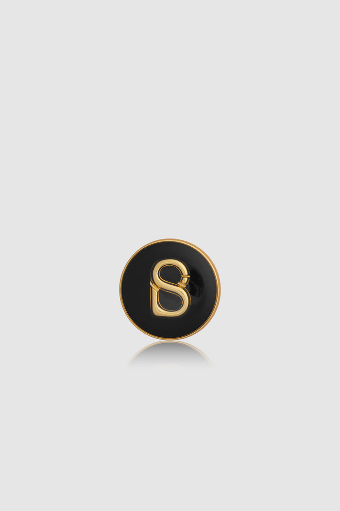 round pin brooch package 06 in black by buttonscarves with gold b monogram front view