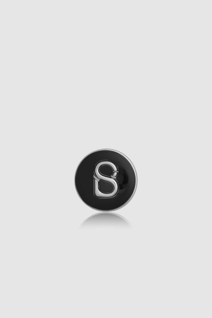 round pin brooch package 06 in black by buttonscarves with silver b monogram front view