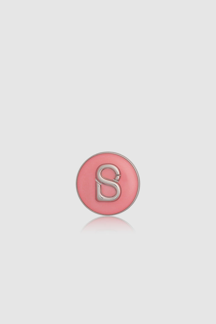 round pin brooch package 06 in pink by buttonscarves with silver b monogram front view