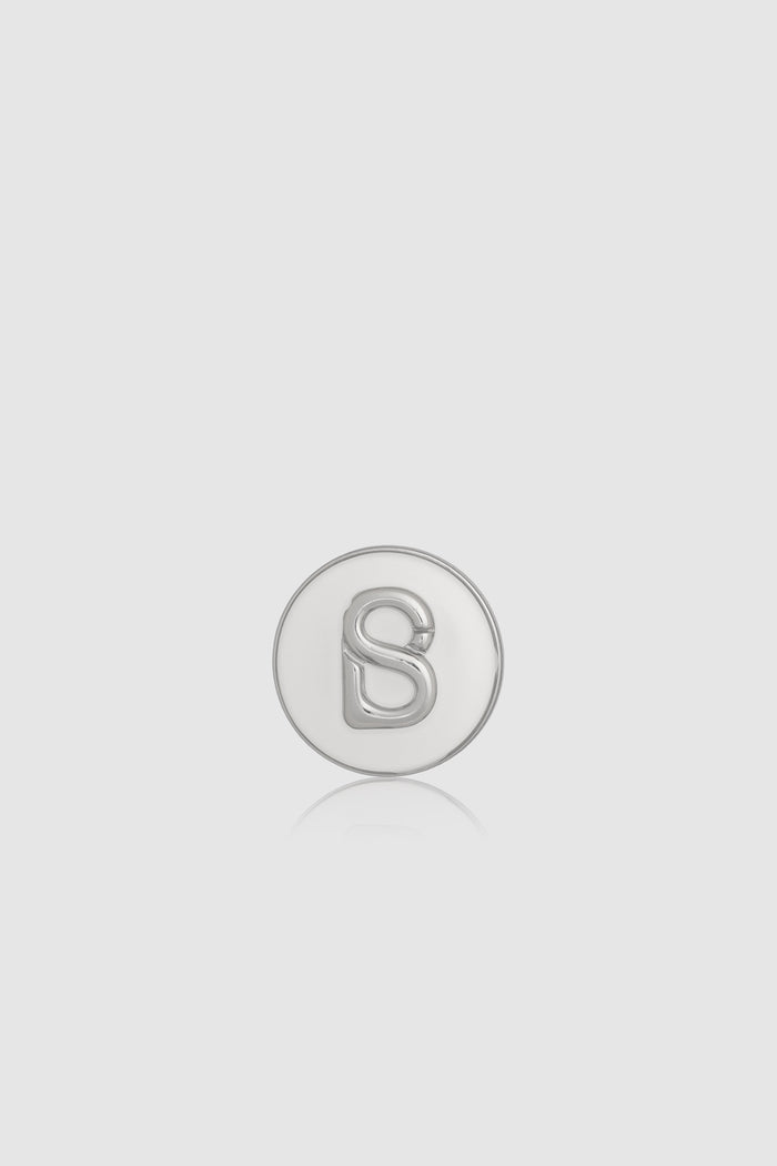 round pin brooch package 06 in white by buttonscarves with silver b monogram front view