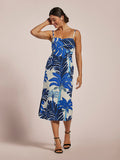 Blue and white jacquard midi dress, slim fit, cotton ottoman fabric, front view.