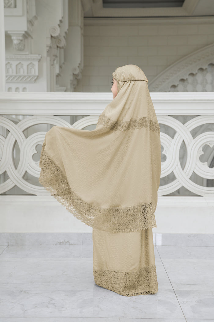 safa kids prayer robe in beige by buttonscarves back view
