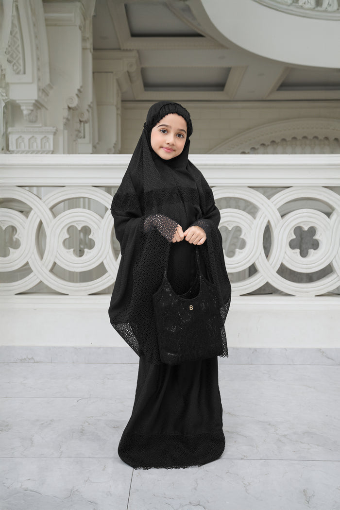 safa kids prayer robe in black by buttonscarves front view