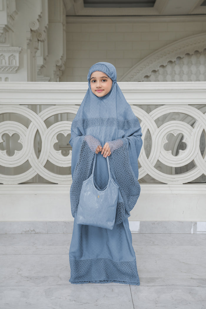 safa kids prayer robe in blue by buttonscarves front view