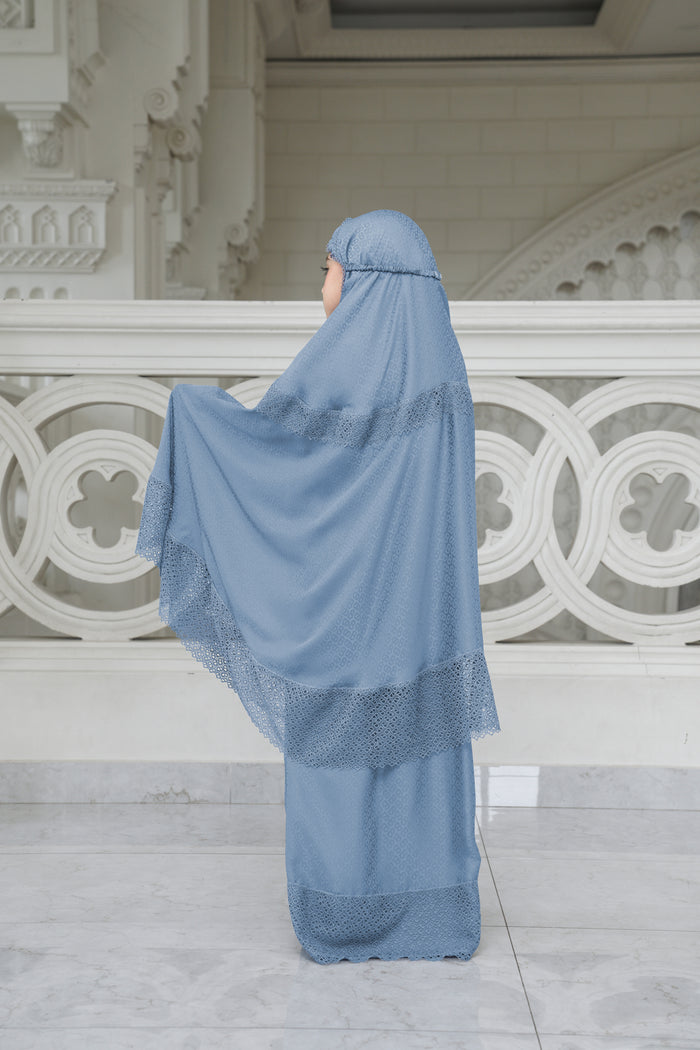 safa kids prayer robe in blue by buttonscarves back view
