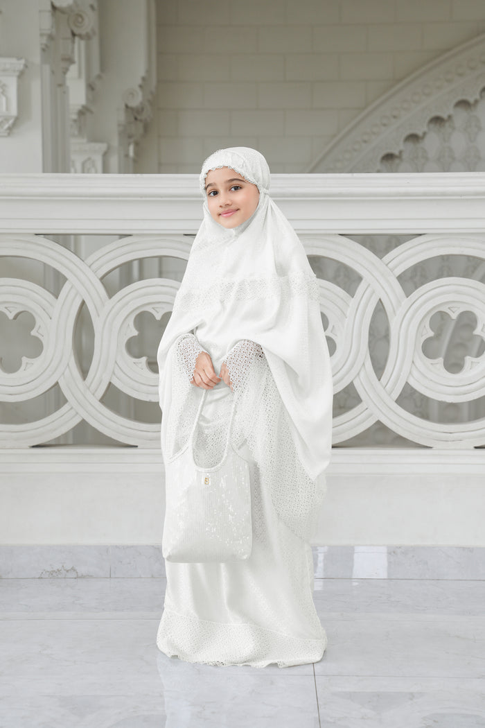 safa kids prayer robe in broken white by buttonscarves front view