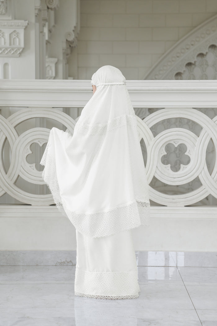 safa kids prayer robe in broken white by buttonscarves back view