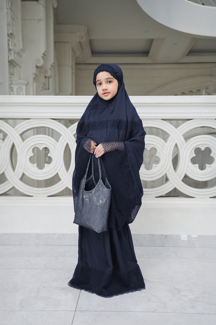 safa kids prayer robe in navy by buttonscarves front view