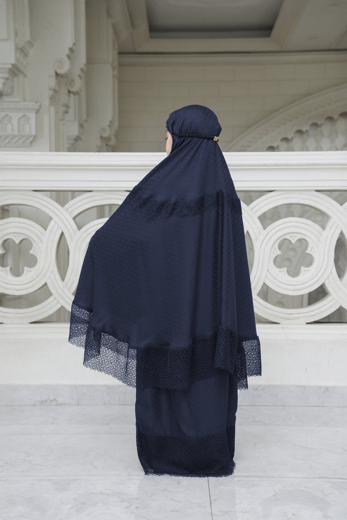 safa kids prayer robe in navy by buttonscarves back view