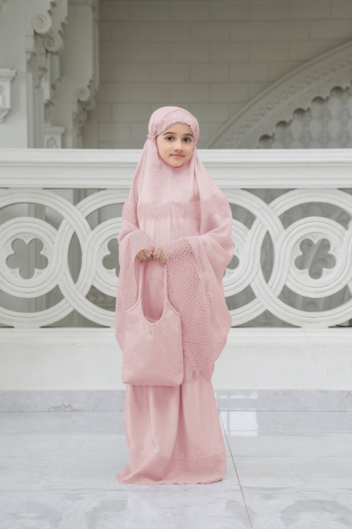 safa kids prayer robe in pink by buttonscarves front view