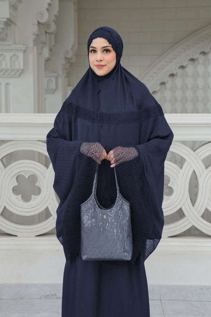 safa prayer robe in navy by buttonscarves front view
